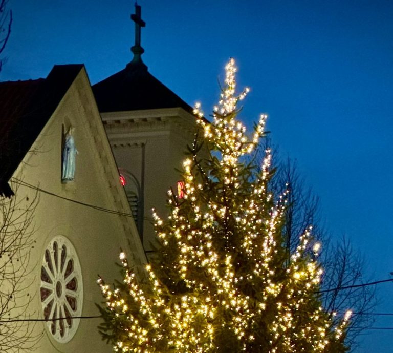 Christmas Tree in front of the Church, courtesy Father Ken Grooms.